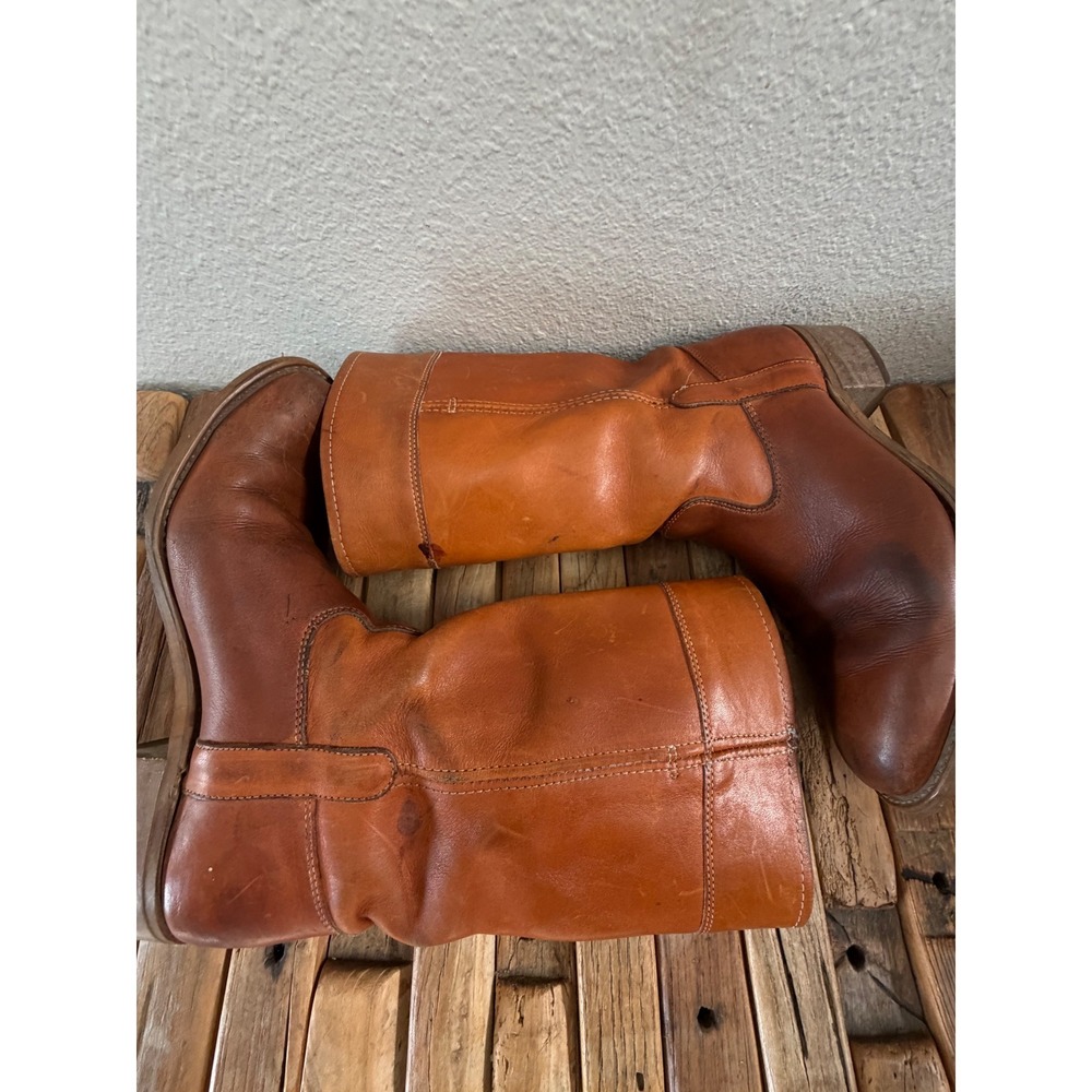Vintage Leather Pull On Tall Boots Brown Cognac Round Toe Block Heel